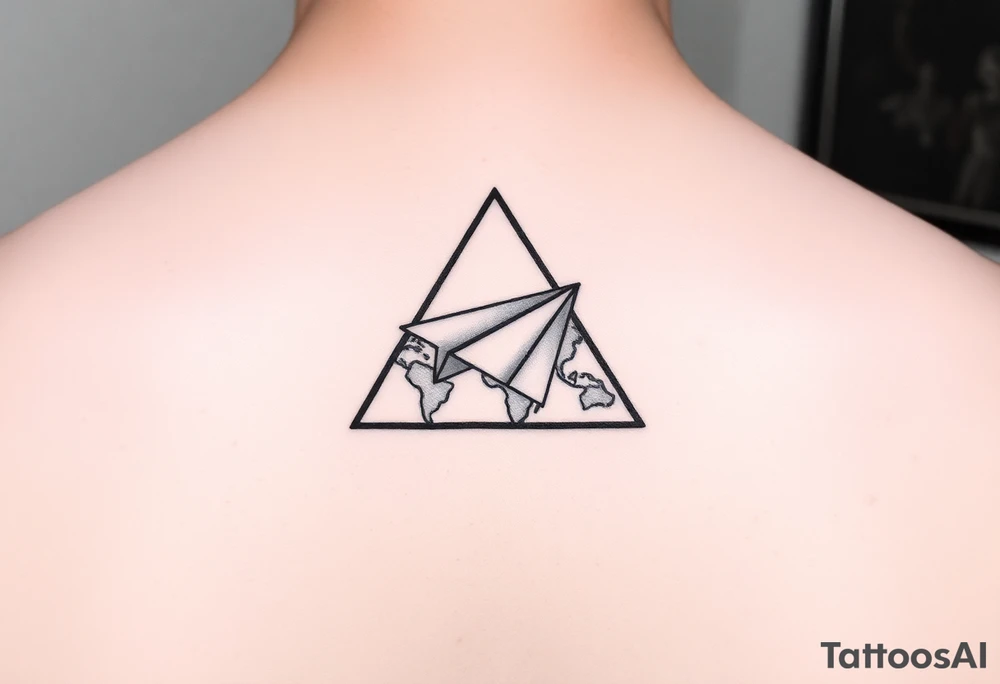 Geometric small triangle with a paper plane flying around the world while being psychedelic with fine thin lines tattoo idea