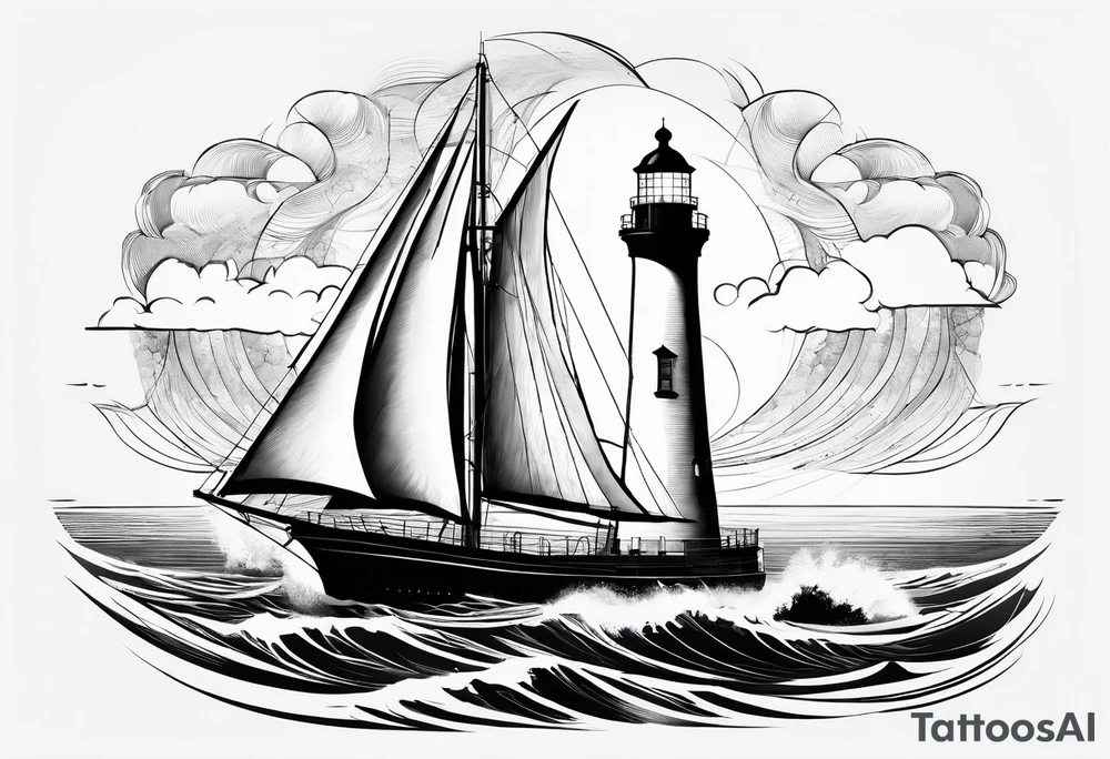 maritime lighthouse with 2 large sails attached. tattoo idea