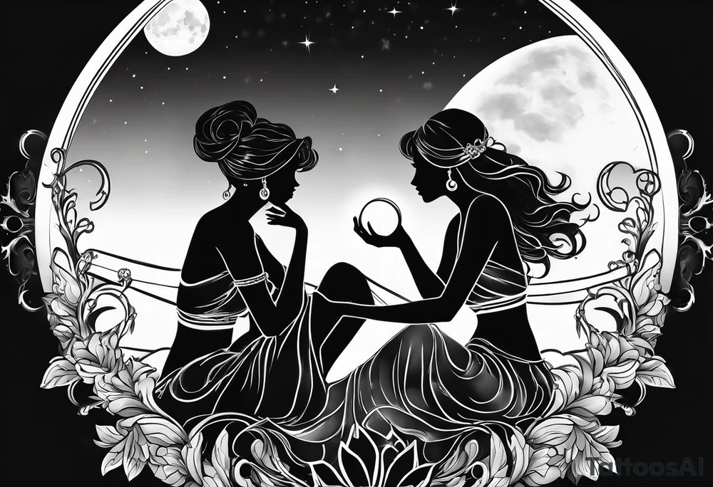 crystal ball that shows three women in silhouette dancing underneath a full moon tattoo idea