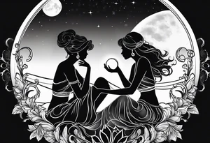 crystal ball that shows three women in silhouette dancing underneath a full moon tattoo idea