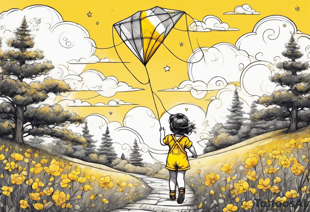 back image of a little girl flying a kite with a teddy bear in yellow overalls standing beside her tattoo idea