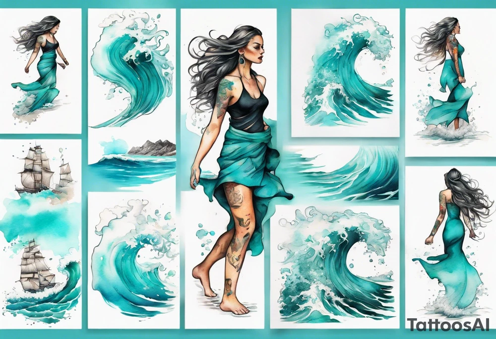 a turquoise water woman walking through crashing waves tattoo idea