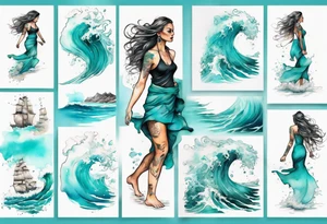 a turquoise water woman walking through crashing waves tattoo idea