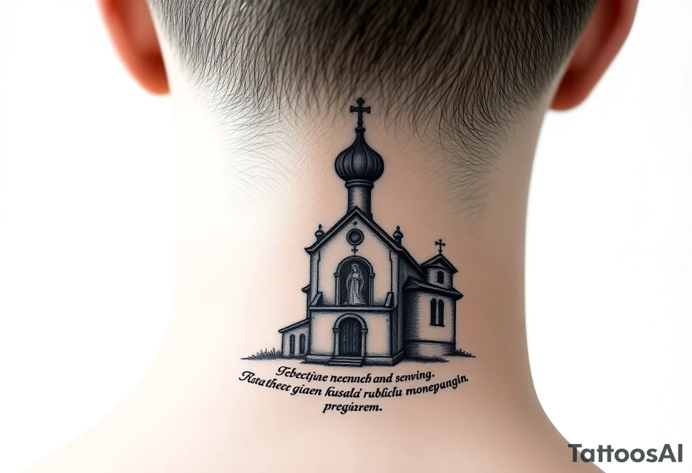 rusian orthodox domes church with a virgin mary in a russian rural village with Church Slavonic script or Cyrillic text — a prayer or meaningful phrase running along the sides tattoo idea