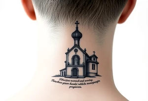 rusian orthodox domes church with a virgin mary in a russian rural village with Church Slavonic script or Cyrillic text — a prayer or meaningful phrase running along the sides tattoo idea
