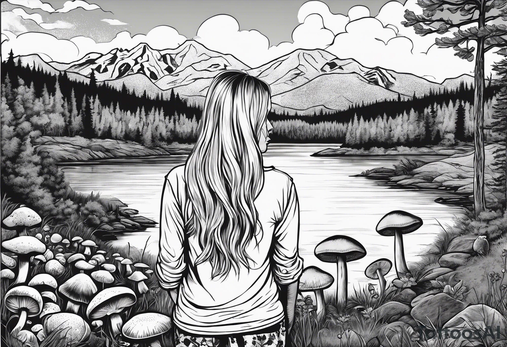 Whole picture encircled fully

Straight long blonde hair hippie girl in distance holding mushrooms in hand facing away toward mountains and creek surrounded by mushrooms long sleeve shirt and hiking pants; whole rendering within a full circle, no cut off circle tattoo idea