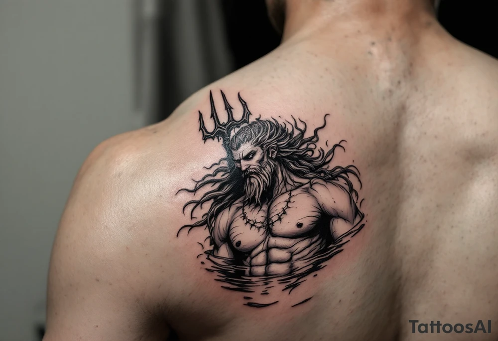 sexy poseidon, with trident, in water tattoo idea