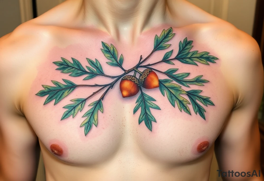 on the chest an oak branch with thick leaves and acorns oak branch with thick leaves and acorns tattoo idea