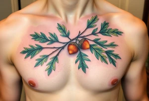 on the chest an oak branch with thick leaves and acorns oak branch with thick leaves and acorns tattoo idea