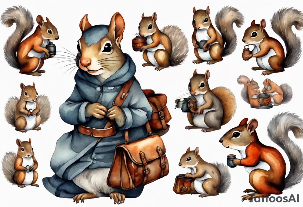 medieval grey squirrel with a large leather satchel tattoo idea