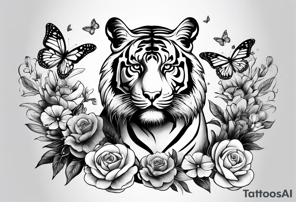 tiger, 3 butterflies, flowers for ladies thigh / hip shaded tattoo idea