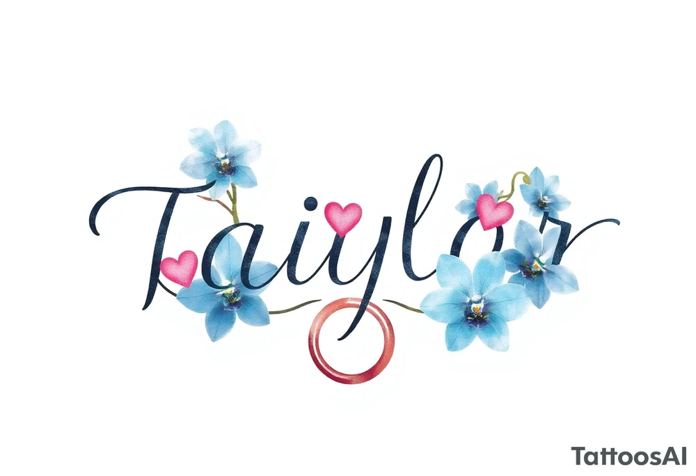 Taiylor spelled going down in a line with a ring as the “o” with hearts and blue orchid flowers tattoo idea