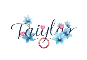 Taiylor spelled going down in a line with a ring as the “o” with hearts and blue orchid flowers tattoo idea