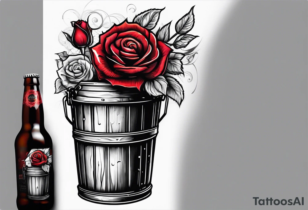 A bottle of beer and a stalk of rose in the bucket tattoo idea