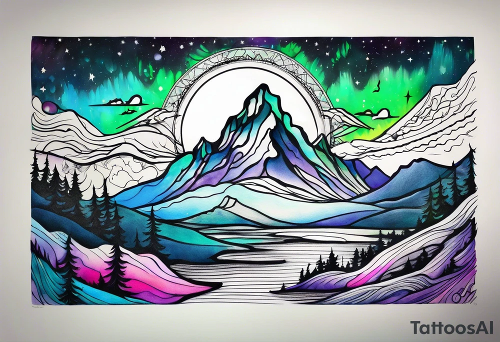 northern lights and mountain tattoo idea