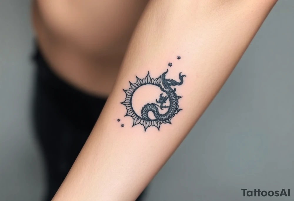sun and moon in constellation with dragon pattern tattoo idea