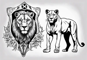 Lioness standing next to a Templar tattoo idea