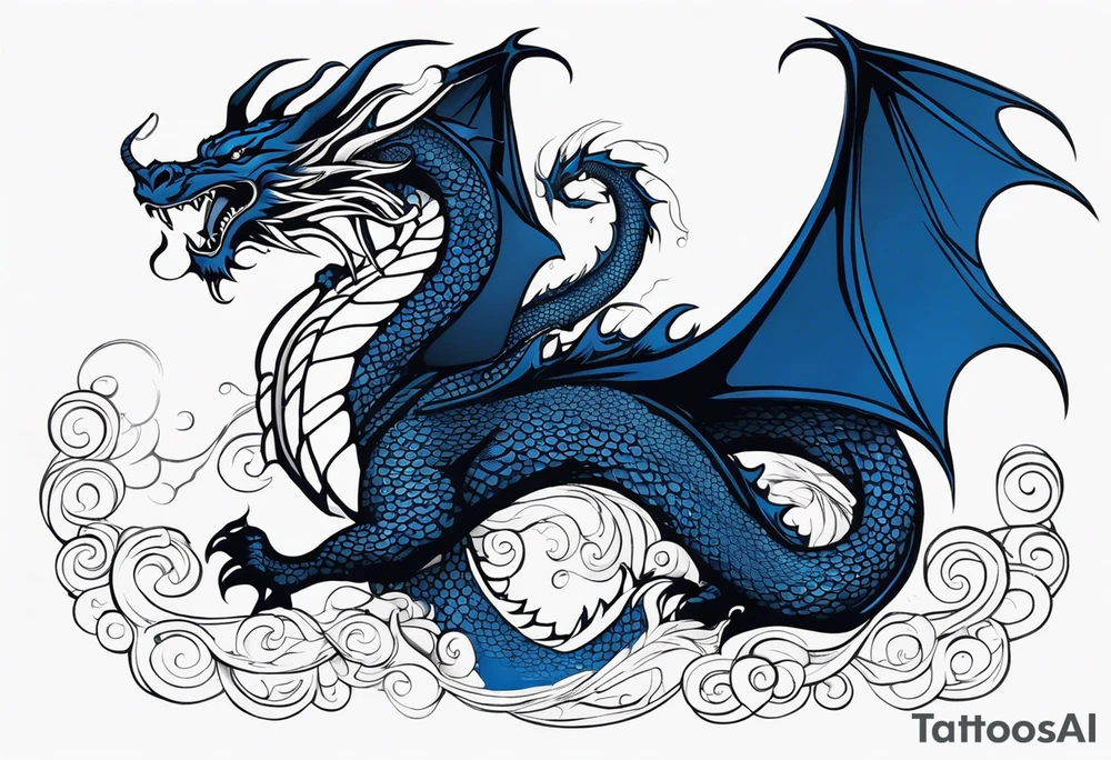 An epic floating dragon. Its long body coiling dynamically, with scales and horns detailed to create a sense of movement and strength. The dragon's main color is midnight blue, giving a vibrant depth and a mystical aura. This tattoo highlights the dragon’s fierce expression and sharp claws. tattoo idea