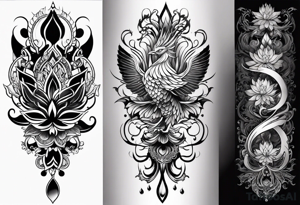 one vertical tattoo that combines lotus flower, phoenix and helix, strength and resilience symbols tattoo idea