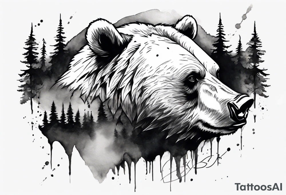 bear head right above the forest line with a lake below, full arm sleeve tattoo tattoo idea