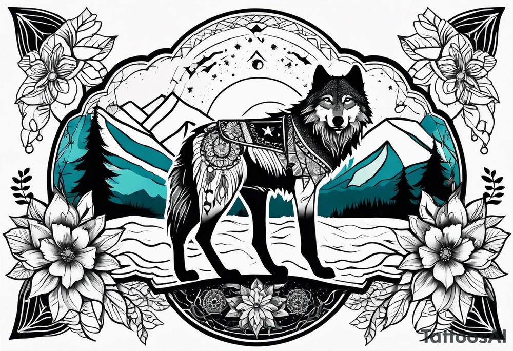 A whimsical wolf tattoo featuring mandala or dream catcher elements, with the wolf as the central focus, surrounded by mountains in the background. Include flowers and nature elements to fill the space around the wolf. Some color but not completely solid bold color tattoo idea