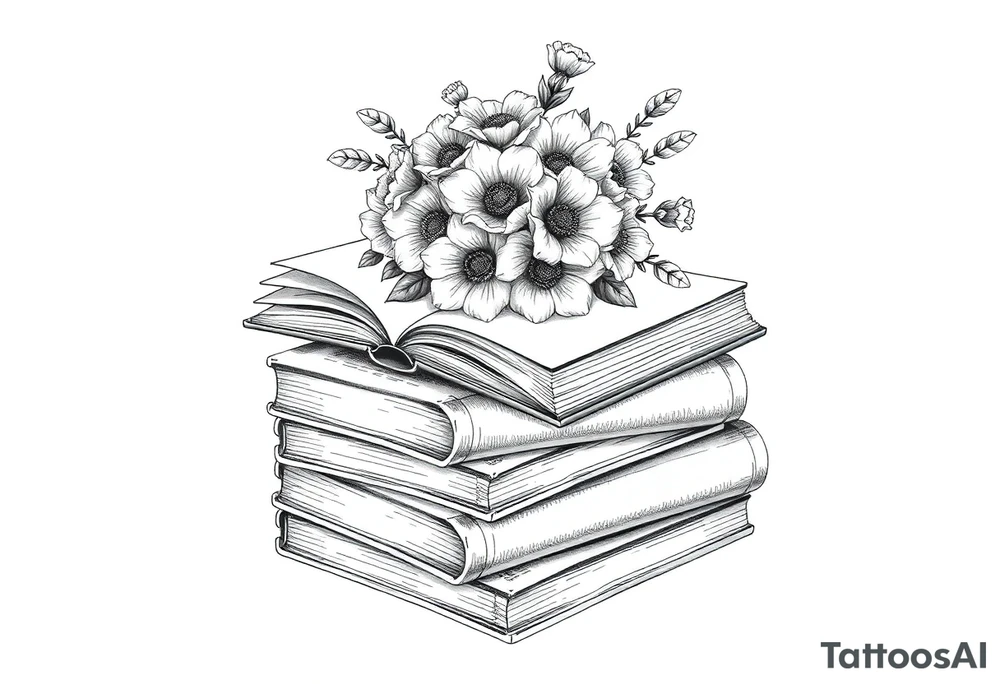 stack of 3 vintage books top book open with bouquet of flowers coming out of it tattoo idea