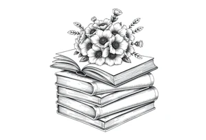stack of 3 vintage books top book open with bouquet of flowers coming out of it tattoo idea
