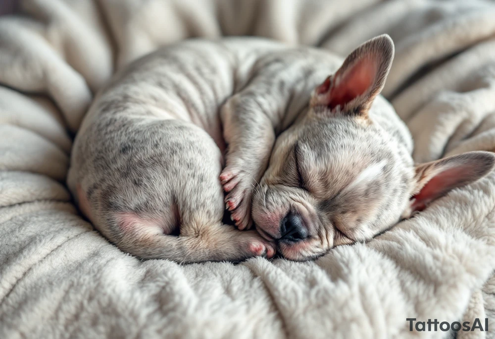 Sleeping French Bulldog puppy curled up in a ball, with light gray fur and subtle cream highlights, set on a cozy pillow. tattoo idea