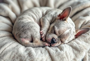 Sleeping French Bulldog puppy curled up in a ball, with light gray fur and subtle cream highlights, set on a cozy pillow. tattoo idea