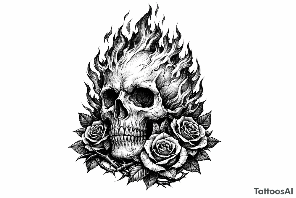 A realistic skull engulfed in vibrant, licking flames, with dark red roses twining around the base. tattoo idea