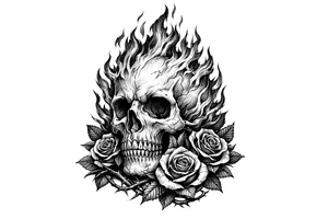 A realistic skull engulfed in vibrant, licking flames, with dark red roses twining around the base. tattoo idea