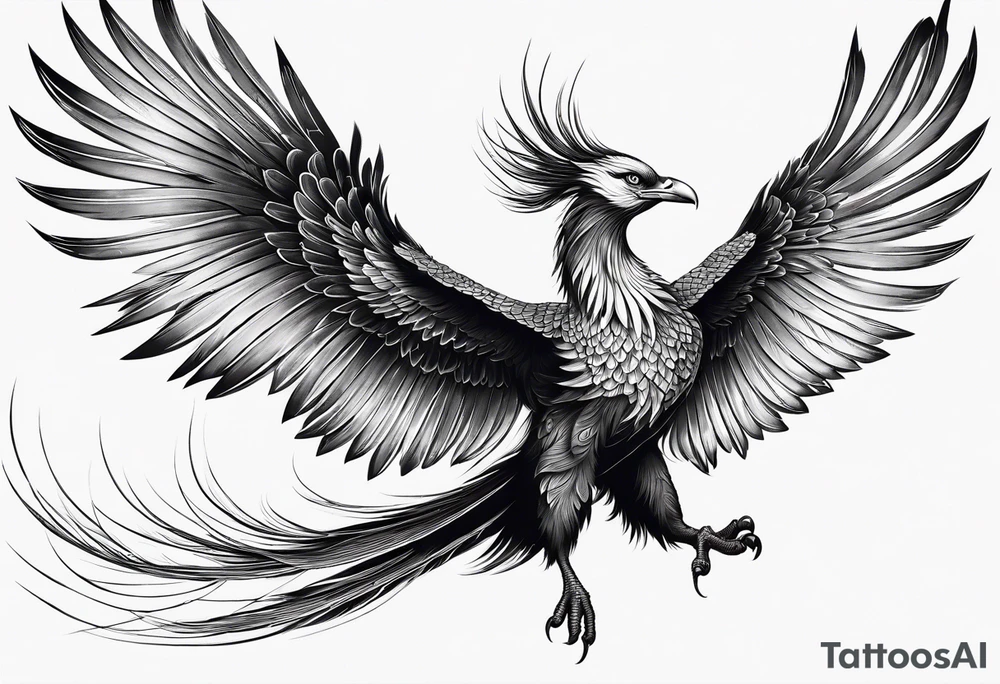 asian elegant long feathered phoenix
in flight with a long neck, with wings in close to body tattoo idea