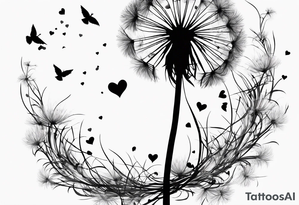 Dandelion with its ligules blowing away, a few legs are tiny hearts, the girls turn into a little bird, flying away to its future tattoo idea