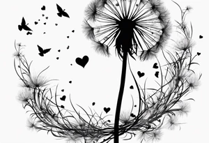 Dandelion with its ligules blowing away, a few legs are tiny hearts, the girls turn into a little bird, flying away to its future tattoo idea