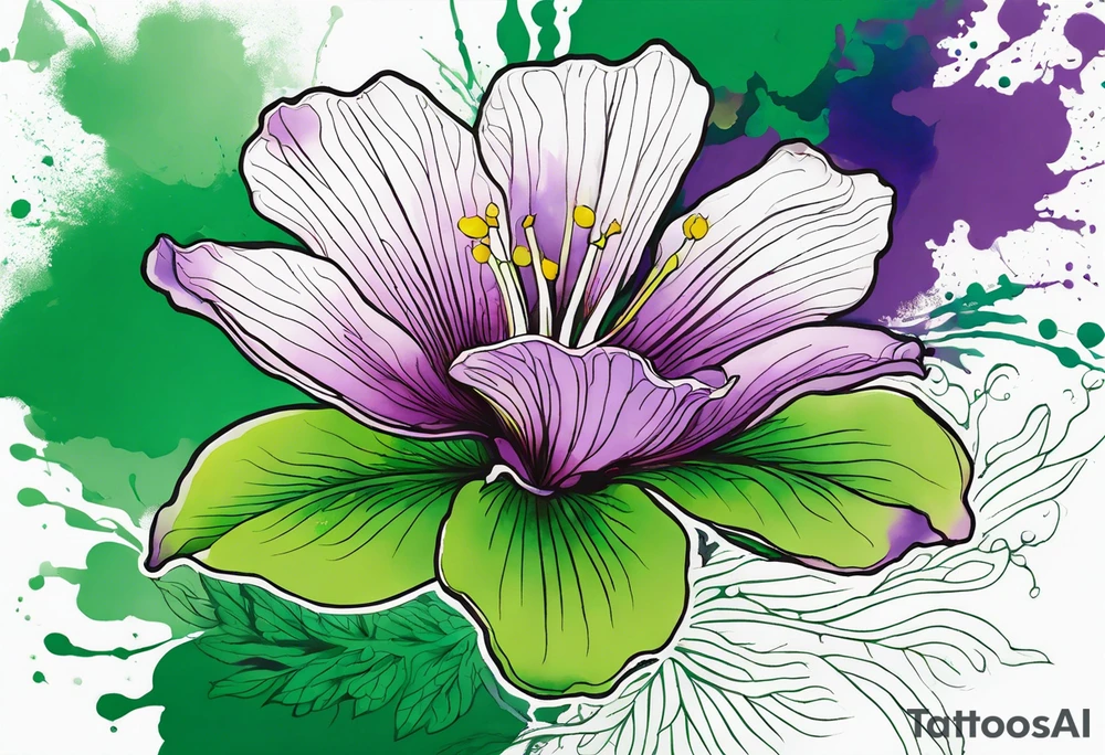 An outline of a green rio dipladenia flower and a green/purple watercolor splash in the background tattoo idea