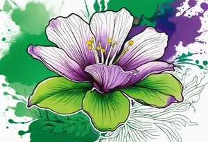 An outline of a green rio dipladenia flower and a green/purple watercolor splash in the background tattoo idea