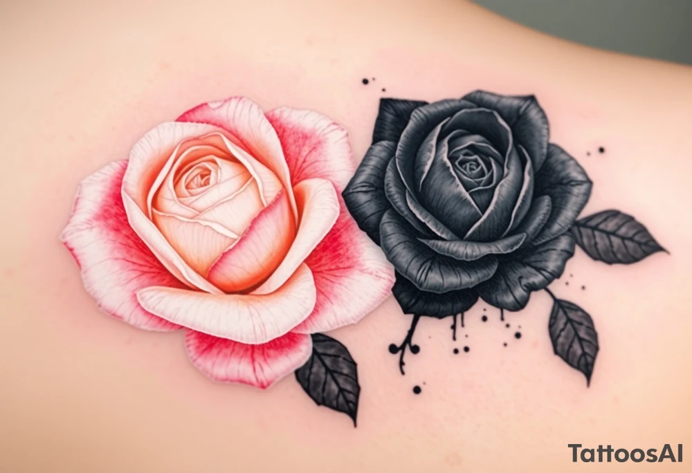 A pure white rose with soft pink highlights, symbolizing innocence and love, contrasted against a wilted black rose, its petals falling apart and turning to dust, in deep shades of gray and black, symbolizing death and decay. tattoo idea