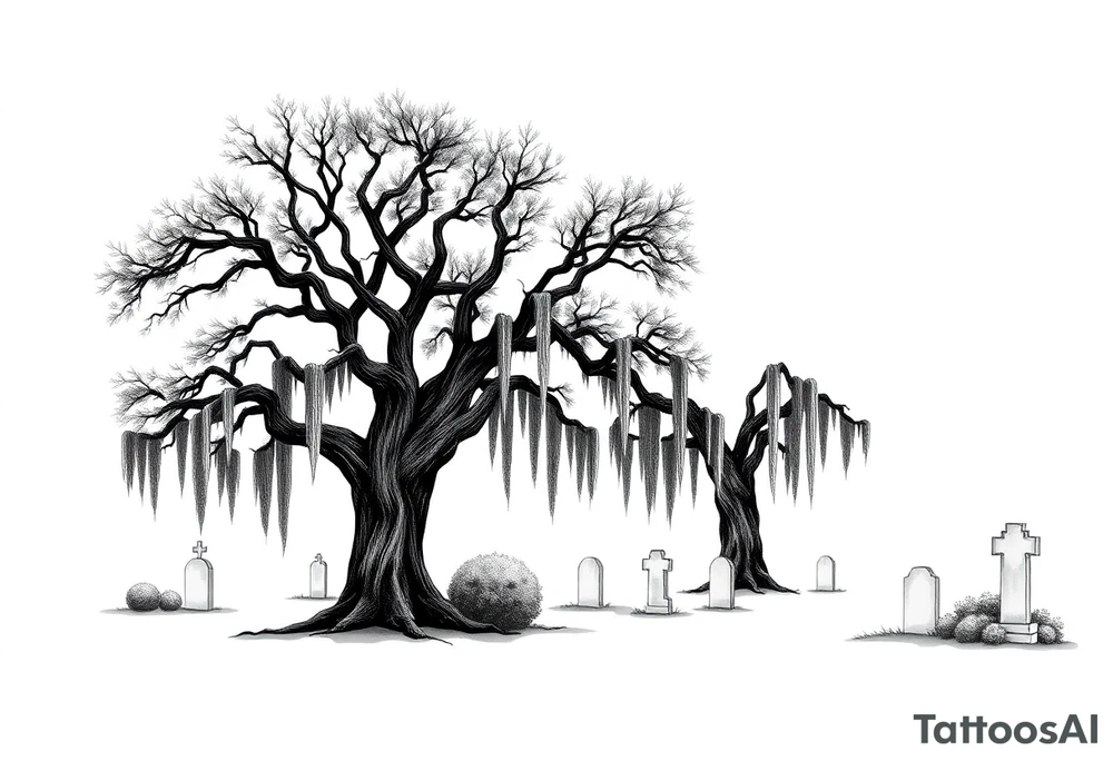 Oak trees with Spanish moss in a cemetery tattoo idea