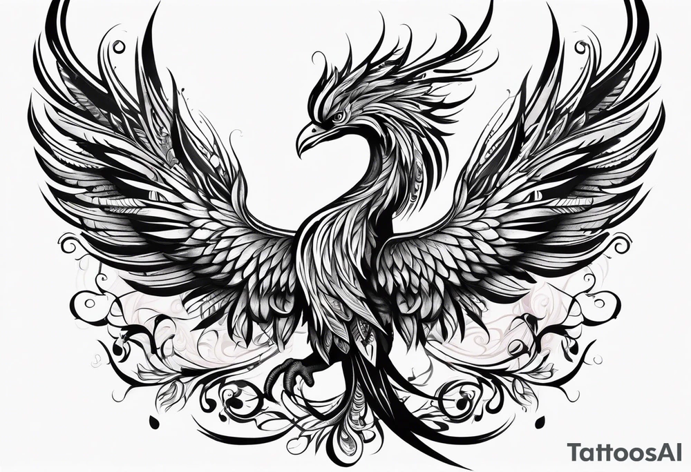 tribal pheonix with long tail curling tattoo idea