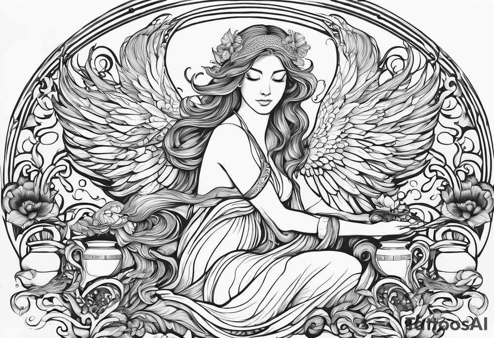 A black line ink design for a full sleeve tattoo featuring a beautiful, semi-naked woman representing the Aquarius water bearer. She has elegant, detailed angel wings and is pouring water out of a jug into a flowing stream. The stream curves around the arm, and within it, a single crab is visible, symbolizing the zodiac sign Cancer. The design should emphasize intricate line work, with a focus on the flowing water, the woman’s serene expression, and the detailed wings. The overall style should be elegant and mystical, with an emphasis on the contrast between the soft curves of the woman and the fluidity of the water, all rendered in black ink only. tattoo idea