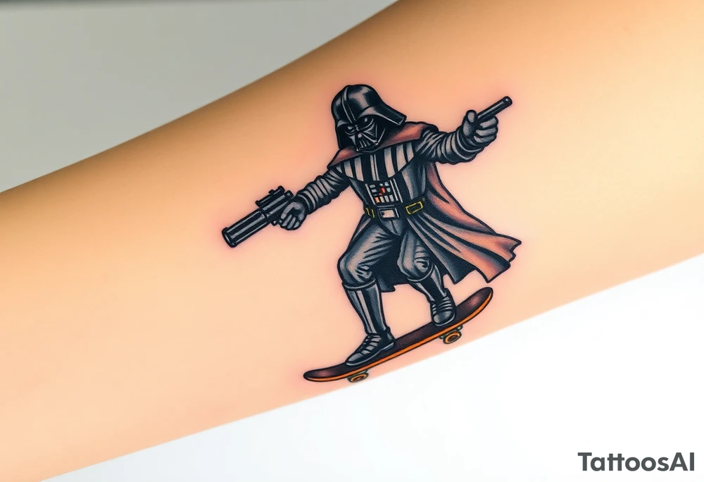 Darth Vader skateboarding with gun> bullets > memorial > god > colors > futuristic/space/star wars
add name "Darth Carter" on skateboard
add date 12/29/88-01/06/24 tattoo idea