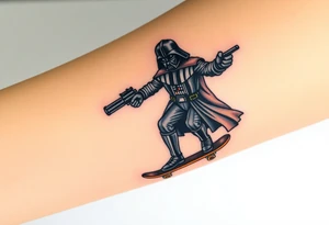 Darth Vader skateboarding with gun> bullets > memorial > god > colors > futuristic/space/star wars
add name "Darth Carter" on skateboard
add date 12/29/88-01/06/24 tattoo idea