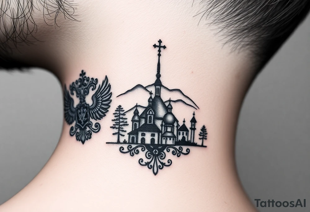 Traditional authentic Russian coat of arms with a Christian orthodox virgin marry in the middle and silhouette in a Russian wilderness Christian orthodoxy dome church village setting on the side of my neck tattoo idea