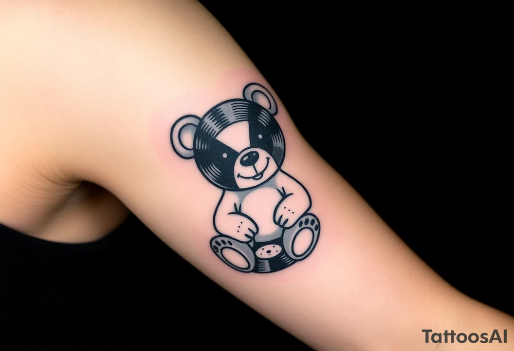 minimalist teddy bear with vinyl records as eyes smiling and sitting on a record tattoo idea