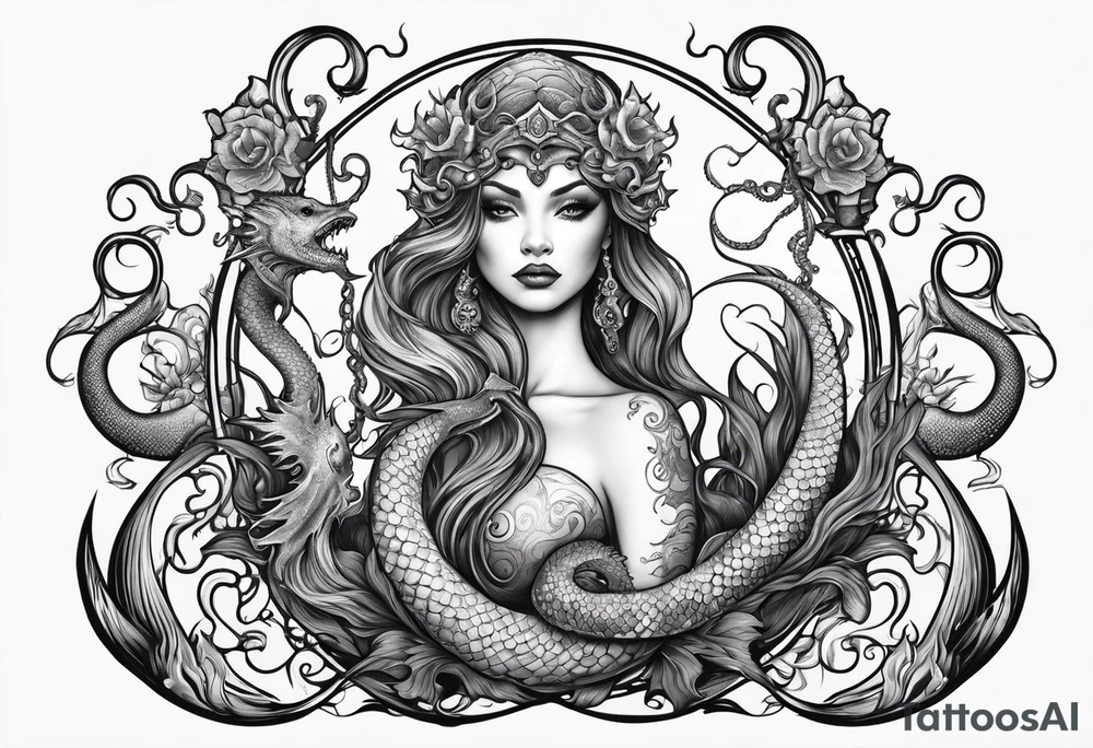 Evil mermaid holding trident with seahorse and octopus tentacles tattoo idea