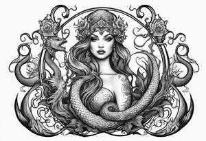 Evil mermaid holding trident with seahorse and octopus tentacles tattoo idea