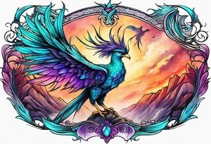 Phoenix on hip down into thigh with feathers that have teal purple and blue with quote "from the Ashes I rise" long tail featgers tattoo idea