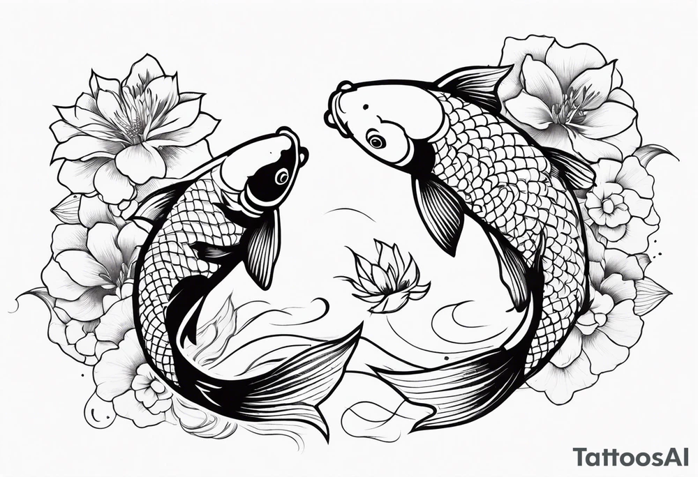 2 koi fish and flowers tattoo idea