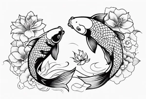 2 koi fish and flowers tattoo idea