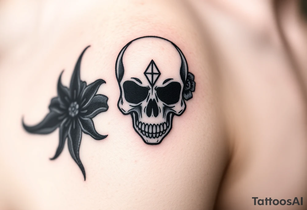 Masculine skull with a diamond and daisy tattoo idea